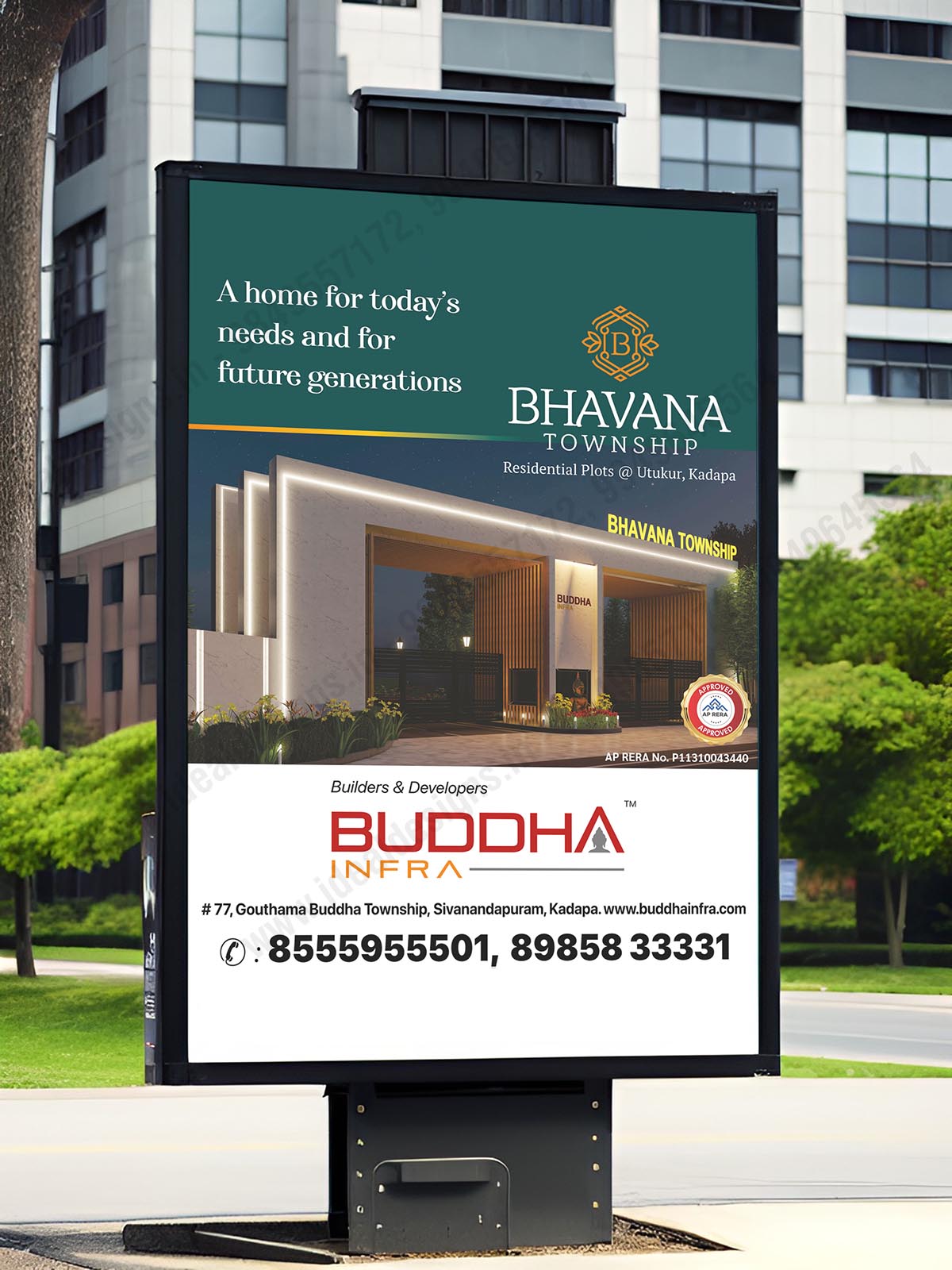 Buddha infra company logo design hyderabad, builders and developers brochure design